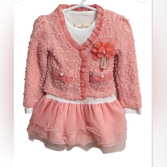 Girls Pink Lace Jacket Coat Tutu Dress Flower Pearls 2 piece Size 2/3T NEW - Picture 1 of 10